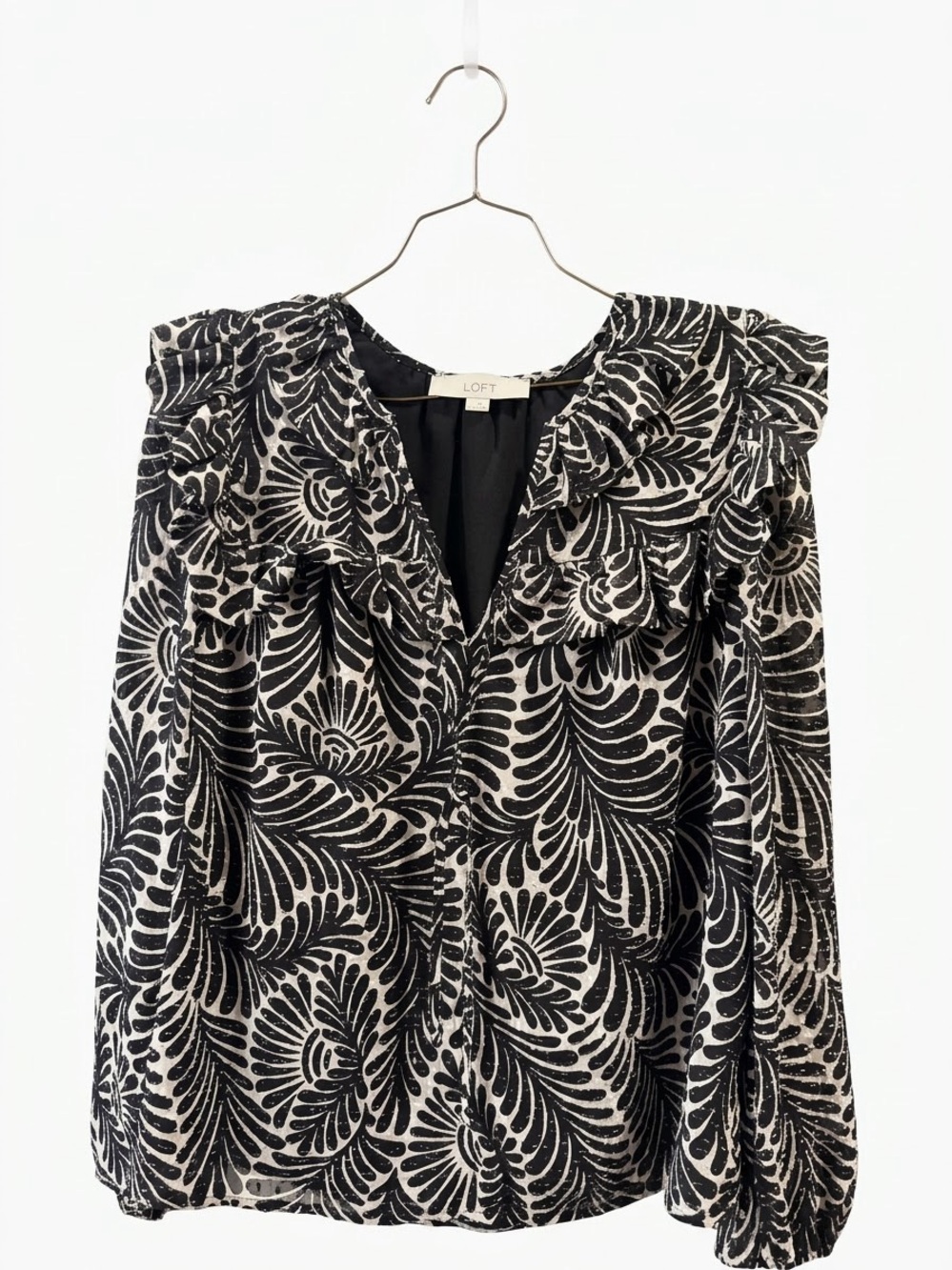 LOFT Black & White Ruffle-Trim Printed Blouse